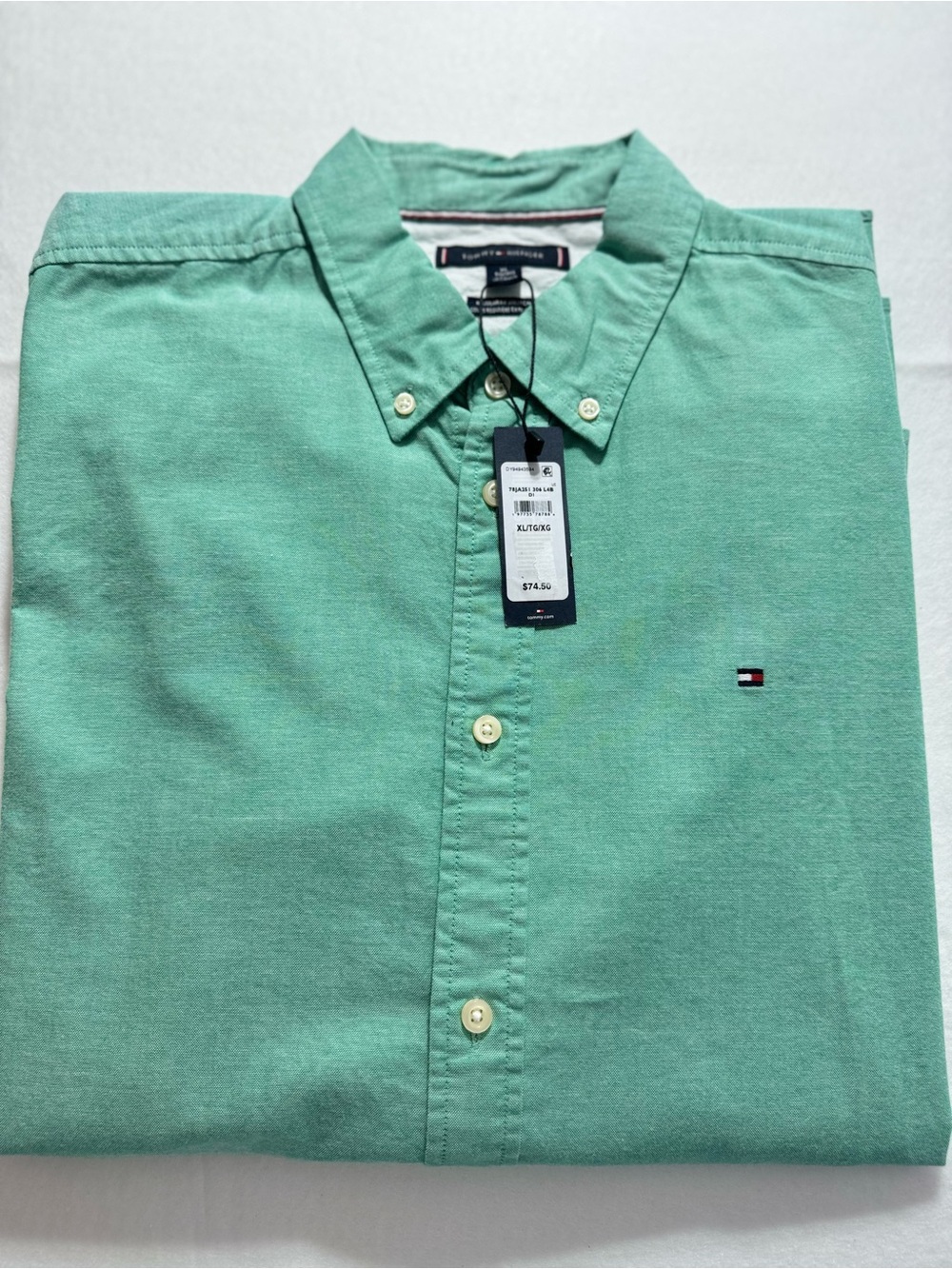 Tommy Hilfiger Men’s Green Oxford Button-Down Shirt Regular Fit Size XL Tall